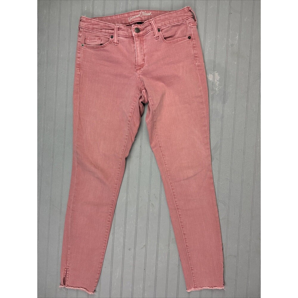 Universal Thread Size 4 27 Womens Jeans Mid Rise Skinny Faded Red Raw Vented Hem